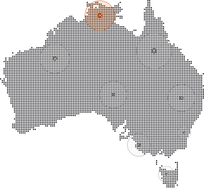 Map outline of Australia with seven circular data points, one orange and six grey, representing locations across the country.